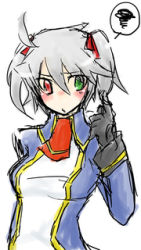 Rule 34 | 1girl, arc system works, blazblue, blush, boh (pixiv422546), female focus, gender request, genderswap, gloves, green eyes, heterochromia, lowres, ragna the bloodedge, red eyes, red ribbon, ribbon, school uniform, short hair, silver hair, simple background, solo, twintails, uniform, white background