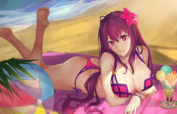 Rule 34 | 1girl, ass, bare shoulders, barefoot, beach, bikini, breasts, cleavage, fate/grand order, fate (series), flower, hair flower, hair ornament, kenbuo, large breasts, long hair, looking at viewer, lying, on stomach, purple hair, red eyes, scathach (fate), scathach (fate/grand order), scathach (swimsuit assassin) (fate), shiny skin, solo, swimsuit, thong, thong bikini, very long hair