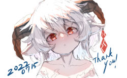 Rule 34 | 1girl, animal ears, cola, commentary request, dated, hair between eyes, head tilt, highres, horns, looking at viewer, original, parted lips, red eyes, simple background, solo, thank you, upper body, white background, white hair, yuuji (yukimimi)