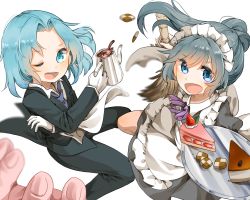 Rule 34 | 1boy, 2girls, alternate costume, apron, bad id, bad pixiv id, blue eyes, blue hair, blurry, broom, butler, checkerboard cookie, cheesecake, cookie, crossdressing, crossed arms, depth of field, enmaided, female butler, food, formal, fruit, gloves, kumoi ichirin, looking at viewer, maid, maid apron, maid headdress, misha (hoongju), mononobe no futo, multiple girls, necktie, one eye closed, open mouth, ponytail, shortcake, simple background, strawberry, suit, teapot, touhou, tray, unzan, white background