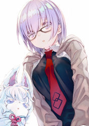 Rule 34 | 1girl, bad id, bad pixiv id, fate/grand order, fate (series), fou (fate), glasses, hair over one eye, highres, light purple hair, looking at viewer, mash kyrielight, necktie, purple eyes, red neckwear, saijou haruki, short hair, simple background, white background