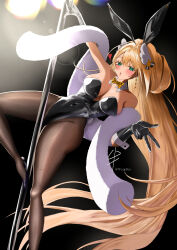 Rule 34 | 1girl, absurdres, animal ears, artist name, black gloves, black leotard, blonde hair, blush, bow, bowtie, breasts, brown pantyhose, cleavage, detached collar, earrings, fake animal ears, fake tail, fang, feather boa, gloves, goddess of victory: nikke, green eyes, hair ornament, hashita, heart, highleg, highleg leotard, highres, jewelry, large breasts, leotard, long hair, looking at viewer, official alternate costume, pantyhose, playboy bunny, pole, pole dancing, ponytail, rabbit ears, rabbit tail, rupee (nikke), rupee (rabbit deluxe) (nikke), solo, strapless, strapless leotard, tail, w, yellow bow, yellow bowtie