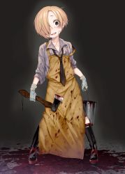 Rule 34 | 1girl, absurdres, apron, axe, bad id, bad twitter id, black eyes, blonde hair, blood, blood on face, bucket, buttons, dancho (dancyo), ear piercing, earrings, full body, gloves, hair over one eye, head tilt, highres, holding, idolmaster, idolmaster cinderella girls, jewelry, looking at viewer, parted lips, piercing, red footwear, shirasaka koume, shoes, short hair, solo, standing, striped, weapon, white gloves, wing collar, yandere