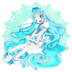 Rule 34 | 10s, 1girl, blue eyes, blue hair, blue skirt, blue theme, boots, bow, brooch, choker, cure marine, dress, earrings, eyelashes, hair ornament, happy, heart, heart brooch, heartcatch precure!, high heels, highres, jewelry, kurumi erika, long hair, looking at viewer, magical girl, matching hair/eyes, one eye closed, open mouth, precure, puffy sleeves, skirt, smile, solo, thighhighs, very long hair, white thighhighs, wink, wrist cuffs, yui (kanatamoo)
