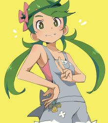 Rule 34 | 1girl, apron, armpits, bare shoulders, blush, creatures (company), dark-skinned female, dark skin, flower, game freak, green eyes, green hair, hair flower, hair ornament, ixy, looking at viewer, low twintails, mallow (pokemon), nintendo, overalls, pokemon, pokemon sm, simple background, sleeveless, smile, solo, swept bangs, twintails, v, yellow background