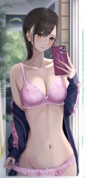 Rule 34 | 1girl, absurdres, blue jacket, blurry, blurry background, bra, breasts, brown hair, cellphone, cleavage, collarbone, commentary request, groin, hair ornament, hairclip, highres, holding, holding phone, inaka 44, indoors, jacket, long hair, looking at phone, medium breasts, navel, open clothes, open jacket, original, panties, parted bangs, parted lips, phone, plant, purple bra, purple panties, selfie, smartphone, solo, stomach, sweatdrop, underwear, yellow eyes