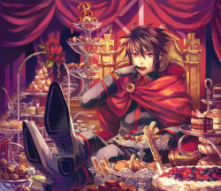 Rule 34 | 1boy, black hair, blueberry, brown hair, cake, cape, cookie, doughnut, eating, feet on table, flower, food, fruit, gloves, highres, knife, lucas (pixiv fantasia), male focus, minami seira, pastry, pie, pixiv fantasia, pixiv fantasia 5, red eyes, red flower, red rose, ribbon, rose, sitting, solo, strawberry, throne, thumbprint cookie, tiered tray, wafer stick