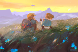 Rule 34 | 1boy, 1girl, absurdres, artist name, blue eyes, blue flower, blue shirt, blush, boots, braid, brown footwear, brown gloves, brown pants, brown pantyhose, chromatic aberration, day, earrings, fingerless gloves, flower, gloves, grass, happy, highres, hylian shield, jewelry, link, looking at another, mountainous horizon, nintendo, outdoors, pants, pantyhose, pointy ears, princess zelda, shield, shirt, short hair, short ponytail, sitting, the legend of zelda, the legend of zelda: breath of the wild, the legend of zelda: tears of the kingdom, tunic, viria13