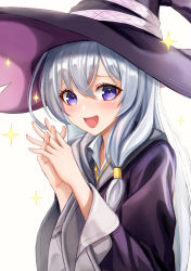 Rule 34 | 1girl, absurdres, blush, eichi (skskdi12z), elaina (majo no tabitabi), hair between eyes, hat, highres, long hair, looking at viewer, majo no tabitabi, own hands together, purple eyes, purple robe, robe, silver hair, simple background, solo, sparkle, upper body, white background, witch, witch hat