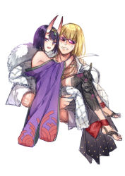Rule 34 | 1boy, 1girl, :d, arms around neck, barefoot sandals (jewelry), blonde hair, blush, carrying, coat, embarrassed, eyeshadow, fate/grand order, fate (series), fur trim, headpiece, horns, japanese clothes, jewelry, kangetsu (fhalei), kimono, knee pads, long sleeves, looking at viewer, makeup, necklace, off shoulder, open mouth, princess carry, purple-tinted eyewear, purple eyes, purple glasses, purple hair, purple kimono, sakata kintoki (fate), short eyebrows, short hair, shuten douji (fate), simple background, smile, sunglasses, sweatdrop, tinted eyewear, wavy mouth, white background, wide sleeves