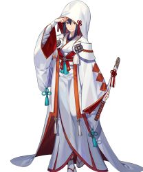 Rule 34 | 1girl, alternate costume, blue hair, brown eyes, cape, female focus, fire emblem, fire emblem fates, fire emblem heroes, full body, highres, holding, holding sword, holding weapon, hood, japanese clothes, katana, kimono, long hair, nintendo, noy, oboro (fire emblem), official art, sandals, smile, solo, standing, sword, transparent background, uchikake, weapon