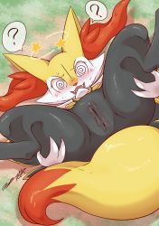 Rule 34 | 1girl, ?, @ @, animal ears, anus, biidama, blush, braixen, breasts, confused, creatures (company), fangs, female focus, fox ears, fox tail, from above, furry, furry female, game freak, gen 6 pokemon, grass, legs up, looking at viewer, lying, nintendo, nipples, on back, open mouth, outdoors, pokemon, pokemon (creature), pokemon xy, presenting, pussy, signature, small breasts, smile, solo, speech bubble, spread legs, star (symbol), sweat, tail, teeth, text focus