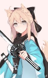 Rule 34 | 1girl, ahoge, animal ears, arm guards, black scarf, blonde hair, bow, breasts, closed mouth, fate/grand order, fate (series), fox ears, fox tail, hair between eyes, hair bow, hand up, haori, highres, holding, holding sword, holding weapon, japanese clothes, katana, kimono, long sleeves, looking at viewer, maccaron, medium breasts, medium hair, obi, off shoulder, okita souji (fate), okita souji (koha-ace), red eyes, sash, scarf, sheath, sidelocks, signature, solo, standing, sword, tail, upper body, weapon, white background, white kimono, wide sleeves