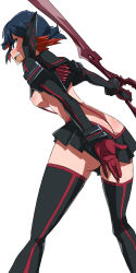 Rule 34 | 10s, 1girl, ass, back, black hair, blush, breasts, butt crack, covering privates, covering ass, embarrassed, highres, kill la kill, maabou, matoi ryuuko, microskirt, multicolored hair, open mouth, red hair, revealing clothes, scissor blade (kill la kill), senketsu, short hair, skirt, solo, thighhighs, two-tone hair, underboob, weapon, white background