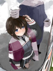 Rule 34 | 1boy, 1girl, adapted costume, admiral (kancolle), ahoge, black hair, black neckwear, blue eyes, braid, chagen kokimu, coat, commentary request, cup, disposable cup, from above, grey coat, hair flaps, hair ornament, hair over shoulder, head out of frame, highres, kantai collection, necktie, object on head, sailor collar, shigure (kancolle), single braid, white sailor collar