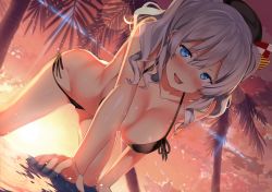 Rule 34 | 10s, 1girl, all fours, bad id, bad pixiv id, bikini, black bikini, blue eyes, blush, breasts, cleavage, diffraction spikes, kantai collection, kashima (kancolle), kawai (purplrpouni), large breasts, lens flare, long hair, looking at viewer, open mouth, palm tree, side-tie bikini bottom, silver hair, skindentation, smile, solo, swimsuit, tree, twilight, twintails, water, wavy hair