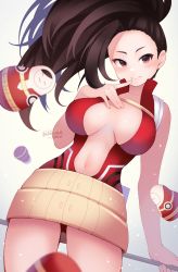 Rule 34 | 1girl, artist name, bare shoulders, black eyes, black hair, blush, boku no hero academia, breasts, breasts apart, center opening, chikuwa savy, cleavage, closed mouth, collarbone, commentary request, contrapposto, finger to mouth, hair pulled back, hand up, high ponytail, highres, holding, large breasts, leotard, long hair, looking at viewer, navel, ponytail, sitting, smile, solo, stomach, yaoyorozu momo