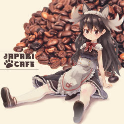 Rule 34 | 1girl, alternate costume, animal ears, antlers, apron, black dress, brown eyes, brown hair, coffee beans, commentary request, dress, enmaided, extra ears, frilled dress, frills, highres, horns, japari symbol, kemono friends, kemono friends 3, kolshica, loafers, long hair, maid, maid apron, maid headdress, moose (kemono friends), moose ears, moose girl, moose tail, pantyhose, photo background, puffy short sleeves, puffy sleeves, red neckwear, shoes, short sleeves, sitting, solo, spread legs, tail, white apron, white frills, white pantyhose