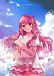 Rule 34 | 1girl, bow, brown eyes, brown hair, cloud, cowboy shot, day, drawing tablet, dress, hair bow, hair ribbon, half updo, long hair, looking at viewer, outdoors, outstretched arm, pink hair, ribbon, rin (shelter), shelter (song), sky, smile, solo, standing, tot (zhxto)