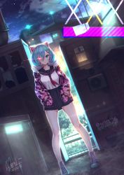 Rule 34 | 1girl, black sailor collar, black skirt, blue eyes, blue hair, bow, breasts, broken window, building, cloud, cloudy sky, collarbone, commentary request, dated, glowing, glowing eye, hair between eyes, hair bow, hands in pockets, heterochromia, highres, jacket, long sleeves, looking at viewer, mappaninatta, neckerchief, night, night sky, open clothes, open jacket, original, outdoors, pink bow, pink footwear, pink jacket, pleated skirt, red eyes, red neckerchief, sailor collar, school uniform, serafuku, shirt, shoes, signature, skirt, sky, small breasts, solo, star (sky), starry sky, stitches, white shirt, window, zombie