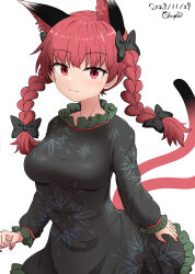 Rule 34 | 1girl, absurdres, animal ears, artist name, black dress, blush, braid, breasts, cat ears, cat tail, chups, closed mouth, dated, dress, extra ears, fingernails, frilled dress, frilled sleeves, frills, highres, kaenbyou rin, large breasts, long hair, long sleeves, looking at viewer, multiple tails, nail polish, red eyes, red hair, red nails, signature, simple background, solo, tail, touhou, twin braids, two tails, white background