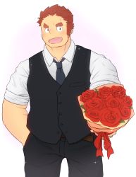 Rule 34 | 1boy, 3c pan, :d, alternate costume, bara, black pants, black vest, blush, bouquet, brown hair, facial hair, facial scar, feet out of frame, flower, formal, tamamura gunzo, highres, holding, holding bouquet, incoming gift, long sideburns, male focus, necktie, open mouth, pants, pectorals, scar, scar on arm, scar on cheek, scar on face, short hair, sideburns, sleeves rolled up, smile, solo, sparkle, spiked hair, stubble, thick eyebrows, tokyo houkago summoners, undershirt, vest