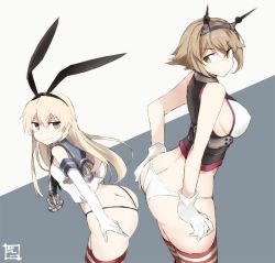 Rule 34 | 10s, 2girls, anchor hair ornament, ass, bad id, bad twitter id, bare shoulders, black panties, blonde hair, blush, breasts, brown eyes, brown hair, butt crack, crop top, elbow gloves, gloves, green eyes, hair ornament, hairband, headgear, highleg, highleg panties, kantai collection, large breasts, long hair, looking at another, multiple girls, mutsu (kancolle), panties, sailor collar, shigino sohuzi, shimakaze (kancolle), short hair, sideboob, simple background, smile, standing, striped clothes, striped legwear, striped thighhighs, thighhighs, underwear, white gloves, white panties
