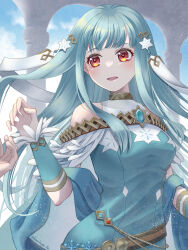 Rule 34 | 1girl, bare shoulders, blue dress, blunt bangs, cloud, cloudy sky, dress, fire emblem, fire emblem: the blazing blade, fire emblem heroes, highres, indoors, konohaya fe, looking to the side, ninian (fire emblem), ninian (resplendent) (fire emblem), nintendo, official alternate costume, open mouth, pillar, red eyes, sidelocks, sky, solo