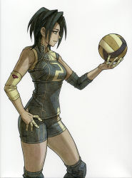 Rule 34 | 1girl, arm warmers, ball, bandages, black eyes, black hair, breasts, elbow pads, elbow sleeve, from side, green eyes, groin, hand on own hip, holding, holding ball, jersey, knee pads, medium breasts, nihonbashi yowoko, official art, ooishi mari, shirt, short hair, shorts, shoujo fight, simple background, sketch, sleeveless, sleeveless shirt, solo, sportswear, taped fingers, thighs, tight clothes, volleyball, volleyball (object), volleyball uniform