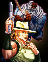 Rule 34 | 1boy, blade, blonde hair, blue eyes, c-7 (assate), cigarette, cleft chin, cowboy hat, emperor (stand), finger on trigger, glowing, gun, hanged man (stand), hat, hol horse, holding, holding gun, holding weapon, jojo no kimyou na bouken, noose, stand (jojo), weapon, wristband
