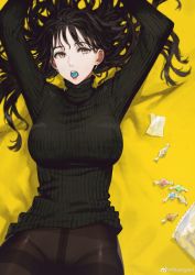 Rule 34 | 1girl, absurdres, arms up, black hair, black pantyhose, black sweater, blush, breasts, brown eyes, candy, candy wrapper, commentary, cowboy shot, earrings, eyelashes, food, from above, highres, jewelry, jun (navigavi), large breasts, long hair, looking at viewer, lying, mouth hold, on back, open mouth, original, panties, panties under pantyhose, pantyhose, ribbed sweater, see-through, simple background, solo, sweater, thank you, thighband pantyhose, tongue, tongue out, turtleneck, turtleneck sweater, twitter username, underwear, weibo logo, weibo watermark, white panties, yellow background