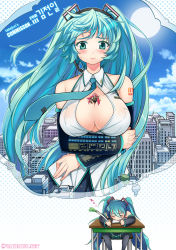 Rule 34 | 2girls, alternate breast size, aqua eyes, aqua hair, artist name, bare shoulders, between breasts, blush, breast conscious, breasts, city, cleavage, cloud, crossed arms, day, desk, detached sleeves, dreaming, giant, giantess, hatsune miku, headset, huge breasts, long hair, megurine luka, mini person, minigirl, multiple girls, necktie, person between breasts, sitting, skirt, sky, sleeping, smile, spring onion, takejun, twintails, very long hair, vocaloid