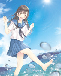 Rule 34 | 1girl, :d, barefoot, black neckerchief, blue sailor collar, blue skirt, blue sky, blurry, blurry foreground, blush, brown eyes, brown hair, cloud, commentary request, day, depth of field, dutch angle, hair between eyes, hands up, highres, horizon, long hair, looking at viewer, neckerchief, open mouth, original, outdoors, pleated skirt, sailor collar, school uniform, serafuku, shirt, short sleeves, skirt, sky, smile, soles, solo, sparkle, standing, standing on one leg, sun, sunlight, ueno tomo, water, water drop, white shirt
