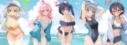 Rule 34 | 5girls, adjusting hair, ahoge, animal ear fluff, animal ears, aqua jacket, armpits, arms behind head, arms up, ayane (blue archive), ayane (swimsuit) (blue archive), ball, bare shoulders, beachball, bikini, bikini skirt, bikini top only, bikini under clothes, black bikini, black hair, blonde hair, blue archive, blue eyes, blue one-piece swimsuit, blue shorts, blue sky, blunt bangs, blush, braid, breasts, cat ears, cat girl, cleavage, closed mouth, cloud, cloudy sky, collarbone, commentary, competition swimsuit, covered navel, cowboy shot, cropped legs, cross, cross hair ornament, day, denim, denim shorts, double-parted bangs, ear piercing, extra ears, frilled bikini, frills, front-tie bikini top, front-tie top, glasses, green eyes, grey hair, hair between eyes, hair flaps, hair intakes, hair ornament, halo, halterneck, hand on headwear, hands on own thighs, hat, head tilt, heterochromia, highleg, highleg swimsuit, highres, hip bones, holding, holding ball, holding beachball, holding swim ring, hood, hood down, hooded jacket, horizon, hoshino (blue archive), hoshino (swimsuit) (blue archive), huge ahoge, innertube, inverted cross, jacket, large breasts, leaning forward, light brown hair, long hair, long sleeves, looking at viewer, low twintails, mechanical halo, medium breasts, medium hair, midriff, mismatched pupils, misononasubi, multicolored clothes, multicolored swimsuit, multiple girls, navel, nonomi (blue archive), nonomi (swimsuit) (blue archive), ocean, off-shoulder bikini, off shoulder, official alternate costume, one-piece swimsuit, open clothes, open jacket, open mouth, orange eyes, outdoors, parted lips, piercing, pink hair, pointy ears, ponytail, rectangular eyewear, red-framed eyewear, red eyes, see-through, see-through jacket, serika (blue archive), serika (swimsuit) (blue archive), shiroko (blue archive), shiroko (swimsuit) (blue archive), short hair, short shorts, shorts, side-tie bikini bottom, sky, sleeves past wrists, small breasts, smile, split mouth, standing, stomach, string bikini, striped bikini, striped clothes, sun hat, swim ring, swimsuit, teeth, thigh gap, twintails, two-tone swimsuit, water, white bikini, white headwear, white jacket, wolf ears, yellow bikini, yellow eyes