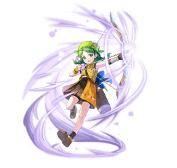 Rule 34 | 1girl, aged down, aiming, arrow (projectile), bandana, black gloves, bow (weapon), braid, brown footwear, female focus, fingerless gloves, fire emblem, fire emblem: the blazing blade, fire emblem heroes, gloves, green eyes, green hair, holding, holding bow (weapon), holding weapon, matching hair/eyes, nintendo, official alternate costume, official art, open mouth, pleated skirt, quiver, rebecca (fire emblem), skirt, smile, solo, twintails, v-shaped eyebrows, weapon, yellow bandana