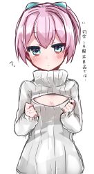 Rule 34 | 10s, 1girl, alternate costume, blue eyes, blush, cleavage cutout, clothing cutout, hair ribbon, highres, kantai collection, meme attire, open-chest sweater, pink hair, ribbed sweater, ribbon, shiranui (kancolle), short ponytail, sketch, solo, sweater, translation request, turtleneck, zinpati
