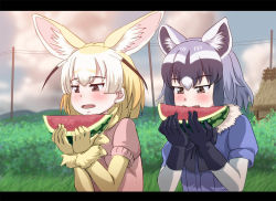 Rule 34 | 2girls, animal ear fluff, animal ears, black gloves, black hair, blonde hair, blush, brown eyes, bush, commentary request, common raccoon (kemono friends), eating, elbow gloves, extra ears, fang, fennec (kemono friends), food, fox ears, fruit, gloves, grass, grey hair, heitai gensui, kemono friends, letterboxed, multicolored hair, multiple girls, open mouth, outdoors, power lines, puffy short sleeves, puffy sleeves, raccoon ears, short hair, short sleeves, two-tone hair, upper body, watermelon, white hair, yellow gloves
