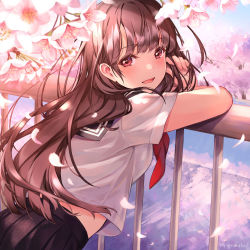 Rule 34 | 1girl, :d, against railing, black sailor collar, black skirt, blush, breasts, brown hair, cherry blossoms, commentary request, day, fingernails, flower, hand in own hair, hands up, highres, leaning forward, against railing, long hair, looking at viewer, looking back, medium breasts, nail polish, open mouth, original, outdoors, petals, pierorabu, pink flower, pink nails, pleated skirt, railing, red eyes, red neckwear, sailor collar, school uniform, serafuku, shirt, short sleeves, skirt, smile, solo, twitter username, very long hair, white shirt