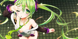Rule 34 | 1girl, bare shoulders, green eyes, green hair, hatsune miku, kuromaru9, leaning forward, long hair, looking at viewer, matching hair/eyes, necktie, one eye closed, solo, twintails, very long hair, vocaloid, wink