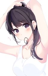 Rule 34 | 1girl, armpits, arms up, bare arms, bare shoulders, blush, breasts, chikuwa., closed mouth, collarbone, commentary request, hair tie, hair tie in mouth, highres, long hair, looking at viewer, medium breasts, mouth hold, notice lines, original, ponytail, purple eyes, simple background, solo, tank top, tying hair, upper body, white background, white tank top