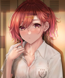 Rule 34 | 1girl, blush, breasts, brown hair, cleavage, collared shirt, commentary request, eyebrows hidden by hair, hair between eyes, hair ornament, hairclip, hand up, highres, higuchi madoka, idolmaster, idolmaster shiny colors, indoors, locker, looking at viewer, mole, mole under eye, parted lips, ponytail, purple eyes, shadow, shirt, short hair, short sleeves, solo, standing, sunlight, sweat, teeth, upper body, wet, wet clothes, wet shirt, white shirt, x hair ornament, yuzuyu (hyui)