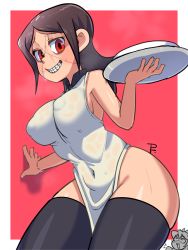 Rule 34 | 2girls, absurdres, alternate breast size, blush, border, breasts, brown hair, carol (skullgirls), chinese clothes, covered erect nipples, covered navel, cowboy shot, dress, drooling, filia (skullgirls), half-closed eyes, highres, large breasts, looking at viewer, looking down, multiple girls, narrow waist, open mouth, painting fish, painwheel (skullgirls), red background, red eyes, scar, sideboob, skullgirls, smile, sweat, thighhighs, tray, white border, wide-eyed, wide hips