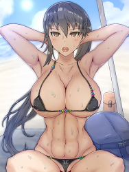 Rule 34 | &gt;:o, 1girl, :o, abs, armpits, arms behind head, arms up, bag, bare arms, bare legs, bare shoulders, beach, bikini, black bikini, black eyes, black hair, blush, borrowed character, breasts, brown eyes, cleavage, collarbone, covered erect nipples, female focus, groin, highres, huge breasts, large breasts, legs, long hair, looking at viewer, micro bikini, muscular, muscular female, navel, nekoshi, ocean, open mouth, original, outdoors, ponytail, serious, sitting, sky, solo, spread legs, sweat, swimsuit, thighs, thong, tsurime, underboob, v-shaped eyebrows, water