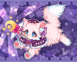 1other animal animal_focus blue_eyes cat catousel crescent fluffy highres moon_stick no_humans pink_ribbon purple_background purple_ribbon ribbon running star_(symbol)