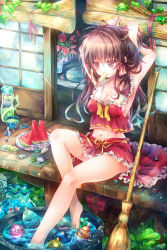 Rule 34 | 1girl, adapted costume, armpits, arms behind head, arms up, bad id, bad pixiv id, bamboo broom, bare legs, barefoot, bouquet, bow, breasts, broom, cleavage, colorful, day, feet, female focus, fish, flower, food, frilled skirt, frills, fruit, hair bow, hair down, hair ribbon, hairdressing, hakurei reimu, knees, leaf, legs, marble (toy), midriff, mouth hold, navel, necktie, no bra, outdoors, plate, popsicle, ribbon, shell, shigaraki (strobe blue), shoes, shouji, sitting, skirt, sleeveless, sliding doors, soaking feet, solo, summer, sunlight, thighs, touhou, undone necktie, unworn shoes, veranda, water, water balloon, watermelon