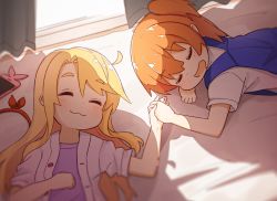 Rule 34 | 2girls, :3, :d, blonde hair, brown hair, cellphone, closed eyes, commentary, curtains, drooling, hairband, highres, himesaka noa, holding hands, hoshino hinata, long hair, lying, manse, mouth drool, multiple girls, on back, on stomach, one side up, open mouth, phone, short hair, short sleeves, sleeping, smartphone, smile, unworn hairband, watashi ni tenshi ga maiorita!