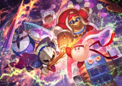 Rule 34 | battle, bow, bowtie, cape, clash, coat, electricity, flaming weapon, flying kick, fur coat, galacta knight, galaxia (sword), hammer, hat, headband, kicking, king dedede, kirby, kirby: star allies, kirby (series), kirby super star, kirby super star ultra, lack, lance, marx (kirby), mask, meta knight, nintendo, official art, open mouth, polearm, red coat, red eyes, serious, shield, sword, tongue, tongue out, weapon, wings, yellow eyes