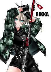 Rule 34 | 1girl, absurdres, alternate hair length, alternate hairstyle, arms up, asymmetrical clothes, bandaid, bandaid on cheek, bandaid on face, baseball bat, belt, black gloves, blue eyes, blush, breasts, camouflage, camouflage jacket, character name, commentary, desperado (yotaro), earrings, english commentary, fang, gloves, green jacket, grin, highres, holding, holding weapon, jacket, jewelry, medium breasts, medium hair, multiple belts, nail, nail bat, open clothes, open jacket, safety pin, single pantsleg, sleeves pushed up, smile, solo, tachibana rikka, weapon, white gloves, yotaro, zipper pull tab