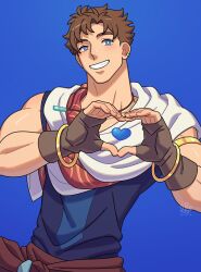 Rule 34 | 1boy, artist logo, artist name, asamine matakara, blue background, blue eyes, blush, bracelet, brown hair, bucchigiri?!, earrings, feet out of frame, fingerless gloves, gloves, heart, heart hands, highres, jewelry, looking at viewer, male focus, mature male, muscular, muscular male, necklace, scarf, shirt, short hair, simple background, sleeveless, smile, solo, spiked hair, syrop (syr ooo p), teeth, upper body