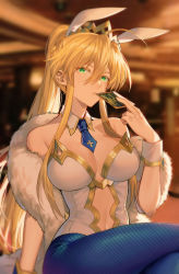 Rule 34 | 1girl, absurdres, ahoge, animal ears, artoria pendragon (all), artoria pendragon (fate), artoria pendragon (swimsuit ruler) (fate), bare shoulders, blonde hair, blue pantyhose, blurry, blurry background, breasts, bright pupils, center opening, cleavage, colored eyelashes, crossed legs, crown, depth of field, detached collar, fate/grand order, fate (series), fishnet pantyhose, fishnets, green eyes, hair between eyes, highres, indoors, large breasts, leotard, long hair, looking at viewer, navel, necktie, pantyhose, ponytail, rabbit ears, short necktie, sidelocks, sitting, solo, very long hair, wrist cuffs, yorukun